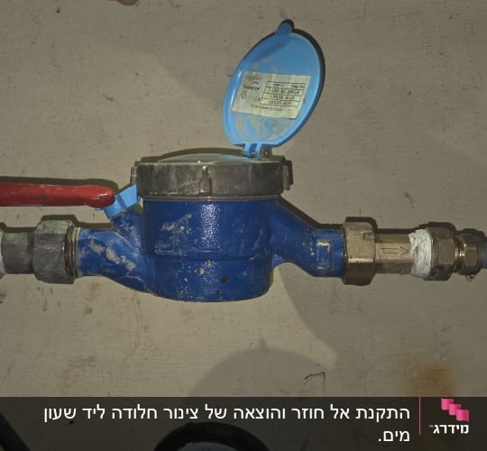 מד מים כחול עם ברז אדום וצינור אפור